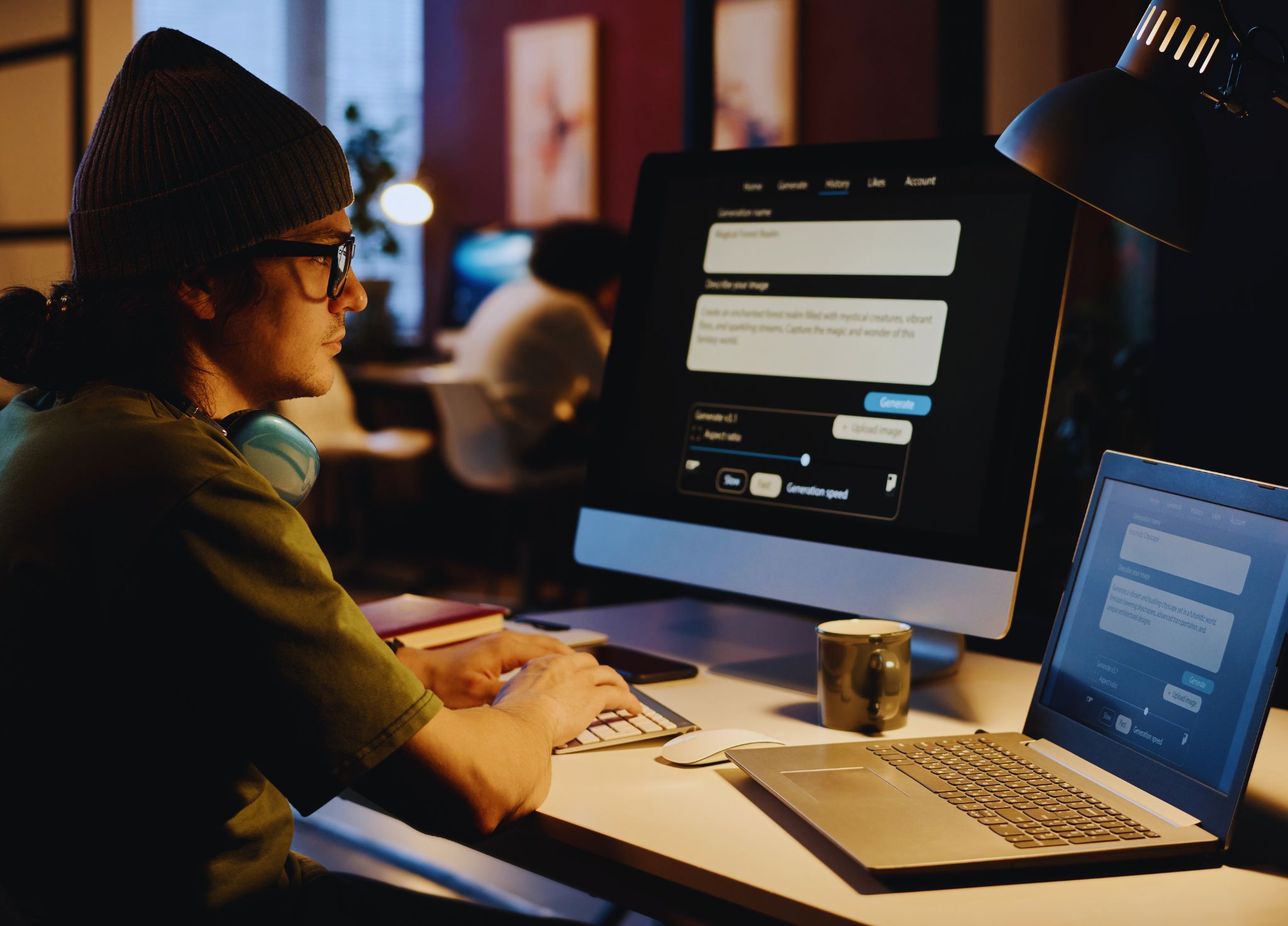 Young man with a woolly hat on talking to an ai chatboy